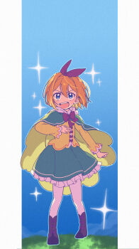 1girl :d aged_down blue_eyes blue_sky boots bow bow_hairband bowtie cape capelet earrings frilled_skirt frilled_sleeves frills full_body green_cape green_capelet green_skirt hair_between_eyes hair_bow hairband highres jewelry long_sleeves looking_at_viewer miniskirt open_mouth orange_hair orange_shirt outdoors pantyhose petra_leyte purple_bow purple_bowtie re:zero_kara_hajimeru_isekai_seikatsu red_bow red_bowtie ribbon shirt short_hair skirt sky smile solo sparkle standing white_pantyhose yellow_cape yellow_shirt yuyuyu9526