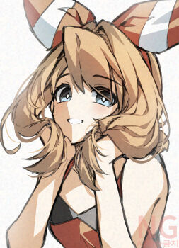Rule 34 | 1girl, adversarial noise, blue eyes, bow, brown hair, cloudsmoothie, hair between eyes, hair bow, hands in own hair, highres, looking at viewer, may (pokemon), nintendo, open mouth, pokemon, pokemon oras, red bow, red shirt, shirt, short sleeves, sleeveless, sleeveless shirt, smile, solo, upper body, watermark, white background