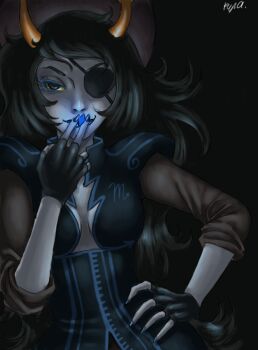 1girl black_background black_gloves black_hair breasts colored_sclera colored_skin commentary crepusculae dice english_commentary eyepatch fingerless_gloves gloves grey_skin hand_on_own_hip hand_up holding holding_dice homestuck horns long_hair looking_at_viewer makeup marquise_spinneret_mindfang small_breasts smile troll_(homestuck) very_long_hair yellow_horns yellow_sclera