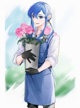 Rule 34 | 1boy, androgynous, apron, bishounen, black gloves, black pants, blue apron, blue eyes, blue hair, blue sky, blurry, blurry background, collared shirt, contemporary, cowboy shot, double-parted bangs, earrings, fire emblem, fire emblem: genealogy of the holy war, flower, flower pot, from above, gardening, gloves, hair between eyes, hair intakes, hair over shoulder, hanaura 02, highres, holding, holding flower pot, jewelry, lone nape hair, long hair, looking at viewer, low ponytail, lower teeth only, male focus, nintendo, object in pocket, open mouth, outdoors, pants, pink flower, pink rose, pocket, ponytail, rose, scissors, seliph (fire emblem), shirt, sky, sleeves rolled up, solo, teeth, white background, white shirt
