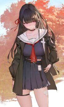 1girl black_choker black_hair black_jacket black_serafuku black_shirt black_skirt blush breasts chisa_(wuthering_waves) choker collarbone commentary hair_ribbon jacket large_breasts long_hair long_sleeves neckerchief red_eyes red_neckerchief red_ribbon ribbon sailor_collar school_uniform serafuku shirt sib_(9obsl) skirt solo thigh_strap thighs white_sailor_collar wuthering_waves