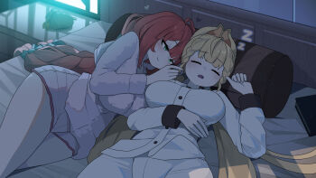 2girls alice_thymefield animal_ears aqua_eyes bed bed_sheet blonde_hair blunt_bangs braid breasts closed_mouth commentary_request heart highres large_breasts long_hair lying monobe_yuri multiple_girls night on_back on_bed on_side open_mouth pajamas pants pillow purple_pajamas red_hair shirt sleeping smile thighs ukinami_yuzuha very_long_hair white_pants white_shirt wide_hips yuri zenless_zone_zero