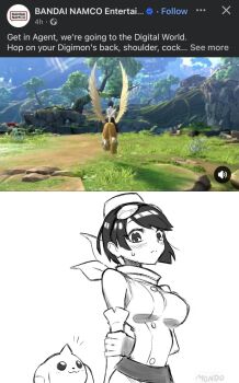 Rule 34 | 1girl, bandana, bandana around neck, blush, breasts, digimon, digimon (creature), digimon story: time stranger, elbow gloves, english text, gloves, highres, large breasts, shirt, short hair, sleeveless, sleeveless shirt, supermondobeat, terriermon, twitter screenshot, yuuki kanan