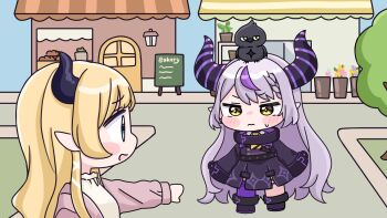 Rule 34 | 2girls, :d, animal, animal on head, bird, black boots, black dress, blonde hair, blush stickers, boots, braid, braided bangs, brown eyes, building, chibi, crow (la+ darknesss), day, demon horns, dress, fang, green eyes, grey hair, highres, hololive, horns, jacket, la+ darknesss, la+ darknesss (1st costume), long hair, long sleeves, mochimiko, multicolored hair, multiple girls, on head, open clothes, open jacket, open mouth, outdoors, pink jacket, pointy ears, profile, purple hair, purple thighhighs, shirt, single thighhigh, sleeves past fingers, sleeves past wrists, smile, streaked hair, thighhighs, thighhighs under boots, very long hair, virtual youtuber, white shirt, yuzuki choco