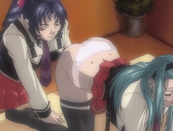 00s 2002 2girls all_fours animated animated_gif aqua_hair ass bible_black bible_black_gaiden bow bowtie classroom clothes_lift glasses grey_hair hairband kozono_nami long_hair mochida_junko multiple_girls panties pants pink_panties pubic_hair purple_hair school school_uniform skirt skirt_lift tagme thighhighs underwear yellow_eyes yuri