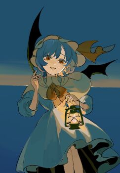 1girl bat_wings blue_dress bow bowtie capelet dee_(tannsumi) dress floating_clothes green_capelet hands_up hat hat_ribbon highres holding holding_lantern horizon lantern long_sleeves parted_lips purple_hair red_bow red_bowtie red_eyes red_ribbon remilia_scarlet ribbon short_hair smile solo touhou wings