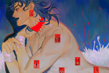 1boy armlet ashva birthmark blue_background blue_hair blue_lips blue_theme dio_brando enya_geil from_side highres jewelry joestar_birthmark jojo_no_kimyou_na_bouken male_focus mariah_(jojo) medium_hair mullet n&#039;doul nude pet_shop red_eyes scar scar_on_neck slit_pupils solo_focus stardust_crusaders upper_body vanilla_ice