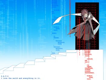 Rule 34 | 1girl, apron, asya shubina, black boots, boots, bowing, brown apron, brown coat, brown dress, brown hair, brown pantyhose, closed eyes, coat, code, commentary, dress, english commentary, full body, guangmoye nz, hand up, highres, long sleeves, pantyhose, scarf, short hair, solo, stairs, the truman show, white scarf, z.a.t.o. // i love the world and everything in it