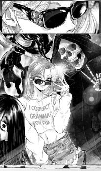 Rule 34 | 1other, 2girls, absurdres, balenciaga, black robe, camera flash, cat, clothes writing, crop top, cropped sweater, death (entity), denim, denim shorts, english text, grim reaper, grs-, hat, highres, holding, holding phone, midriff, mirror, mirror selfie, monochrome, mouth hold, multiple girls, navel, original, phone, robe, selfie, shorts, sink, skeleton, sunglasses, sweater, v, wand, witch hat