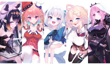 5girls animal_costume animal_ears animal_hood asymmetrical_gloves bare_shoulders belt black_hair black_legwear blonde_hair blue_eyes blue_hair blunt_bangs book breasts capelet chef_hat chicken_(food) cleavage detective dress earrings fake_facial_hair fake_mustache fins fish_tail food fried_chicken garter_straps gawr_gura gawr_gura_(1st_costume) gloves hair_ornament hat highres holding holding_food holding_scythe hololive hololive_english hood jewelry large_breasts long_hair looking_at_viewer medium_breasts medium_hair monocle mori_calliope mori_calliope_(1st_costume) multicolored_hair multiple_girls nail_polish necktie ninomae_ina'nis ninomae_ina'nis_(1st_costume) open_mouth orange_dress orange_hair pink_eyes pink_hair pocket_watch pointy_ears purple_dress purple_eyes purple_hair red_eyes scythe shark shark_costume shark_girl shark_hood shark_tail sharp_teeth shirt shoulder_spikes simple_background sitting skirt small_breasts smile spikes split_screen standing streaked_hair stuffed_animal stuffed_toy syringe tail takanashi_kiara takanashi_kiara_(1st_costume) teeth thighhighs tiara uneven_gloves v veil very_long_hair virtual_youtuber watch watson_amelia watson_amelia_(1st_costume) white_background white_hair white_shirt white_thighhighs yaguo