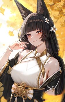 1girl animal_ear_fluff animal_ears armpit_crease artist_name bare_shoulders black_hair blurry blurry_background breasts bright_pupils chromatic_aberration closed_mouth commentary english_commentary falling_leaves fingernails flower fox_ears fox_girl hair_flower hair_ornament hand_up highres hoshimi_miyabi hoshimi_miyabi_(dignified_blossom) large_breasts leaf light_blush long_hair looking_at_viewer narijade official_alternate_costume orange_eyes paid_reward_available patreon_username smile solo upper_body watermark web_address white_flower white_pupils zenless_zone_zero