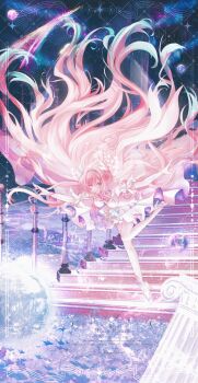 1girl aqua_hair breasts cyrene_(honkai:_star_rail) cyrene_(ripples_of_past_reverie)_(honkai:_star_rail) dress flower gradient_hair hair_flower hair_ornament hashtag-only_commentary high_heels highres honkai:_star_rail honkai_(series) large_breasts leashuu long_hair multicolored_hair pink_hair pointy_ears purple_eyes sky solo stairs star_(sky) starry_sky very_long_hair white_dress