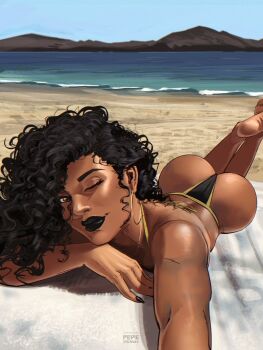 1girl ass barefoot beach bikini black_bikini black_hair black_lips blue_sky brown_eyes commentary commission curly_hair dark-skinned_female dark_skin day earrings english_commentary feet_up highres hoop_earrings jewelry long_hair lying on_stomach one_eye_closed original outdoors pepedraws selfie sky smile solo string_bikini swimsuit thong_bikini towel water yellow_trim