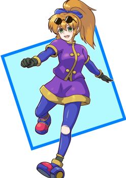 Rule 34 | 1girl, :d, brown hair, eyewear on head, full body, gloves, green eyes, highres, kodanuki, leggings, long hair, looking at viewer, open mouth, pantyhose, ponytail, precis neumann, skirt, smile, solo, star ocean, star ocean: the second story, torn clothes, torn leggings