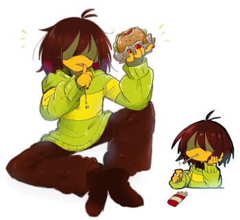 1other :p antenna_hair brown_hair brown_pants brown_socks burger commentary deltarune food food_in_mouth french_fries full_body green_hoodie head_rest highres holding holding_burger holding_food hood hoodie knees_apart_feet_together kris_(deltarune) licking licking_finger multiple_views no_eyes no_shoes notice_lines other_focus pants red_nails shaded_face short_hair simple_background sitting socks striped_clothes striped_hoodie symbol-only_commentary t_hanada_444 tongue tongue_out two-tone_hoodie utdr_(toby_fox) white_background