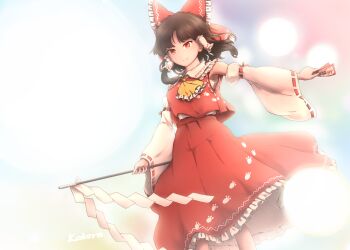 1girl artist_name ascot bow brown_hair closed_mouth commentary_request danmaku detached_sleeves frilled_bow frilled_hair_tubes frilled_skirt frills gohei hair_bow hair_tubes hakurei_reimu holding holding_gohei holding_ofuda kakera_(comona_base) long_hair official_alternate_costume ofuda paw_print paw_print_pattern red_bow red_eyes red_skirt ribbon-trimmed_sleeves ribbon_trim skirt skirt_set smile solo touhou unfinished_dream_of_all_living_ghost yellow_ascot