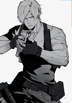 Rule 34 | 1boy, aiming, aiming at viewer, arms up, belt, belt pouch, c138300, closed mouth, commentary, dutch angle, english commentary, fingerless gloves, gloves, greyscale, gun, handgun, highres, holding, holding gun, holding weapon, leon s. kennedy, looking at viewer, male focus, monochrome, pants, parted bangs, parted hair, pouch, resident evil, resident evil 4, shirt tucked in, short sleeves, simple background, solo, weapon, white background