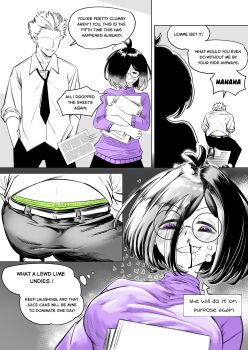 Rule 34 | 1boy, 1girl, 2024, absurdres, antenna hair, aroused, aroused nosebleed, ass, belt, biting own lip, black hair, black pants, black shoes, blood, blush, boxers, breasts, close-up, closed eyes, collared shirt, comic, commentary, english commentary, english text, female pervert, green male underwear, hair slicked back, hands in pockets, heart, heart print, height difference, highres, kneeling, large breasts, long sleeves, looking down, male underwear, male underwear peek, medium hair, multiple views, necktie, nose blush, nosebleed, open mouth, original, panels, pants, paper, partially colored, pervert, picking up, puff of air, purple eyes, purple sweater, role reversal, round eyewear, saliva, shirt, shoes, sleeves rolled up, speech bubble, spot color, sweater, teacher and student, teeth, thought bubble, turtleneck, underwear, v-shaped eyebrows, white shirt, whjtedragonfly