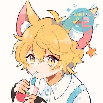 +2_(mihuashi_887430) 1boy animal_ear_fluff animal_ears antenna_hair artist_name black_gloves blonde_hair cat_boy cat_ears closed_mouth collared_shirt double-parted_bangs drinking drinking_straw fingerless_gloves gloves hair_between_eyes holding holding_juice_box juice_box lowres male_focus original portrait sample_watermark shirt short_hair simple_background solo watermark white_background white_shirt yellow_eyes