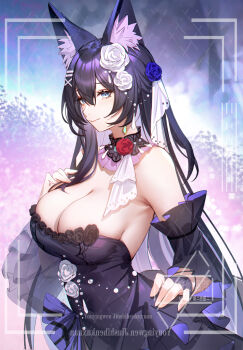 1girl absurdres animal_ear_fluff animal_ears bilibili_username black_dress blue_eyes blue_flower blue_rose border bow breasts chinese_commentary cleavage closed_mouth commentary_request commission detached_sleeves dress dress_bow dress_flower earrings flower from_side gradient_background hair_between_eyes hair_flower hair_ornament hairclip hand_on_own_chest hand_up highres jewelry large_breasts long_hair looking_ahead original parallel_hairclips purple_hair q18607 rose sidelocks smile solo two-sided_dress two-sided_fabric very_long_hair watermark white_flower white_rose x_hair_ornament