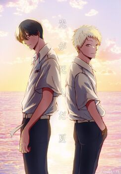 2boys absurdres back-to-back black_hair closed_mouth cloud collared_shirt from_side grey_eyes hand_in_pocket highres hikaru_ga_shinda_natsu looking_at_viewer male_focus mole mole_on_arm mole_on_cheek mole_under_eye multiple_boys multiple_moles ocean red_pupils sasaya shirt shirt_tucked_in short_eyebrows short_hair short_sleeves sky slit_pupils smile standing translation_request tsujinaka_yoshiki watch white_hair white_shirt wristwatch yellow_sky