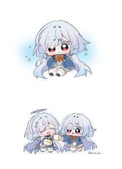 Rule 34 | 2girls, blue jacket, chibi, chibi only, closed eyes, commentary, dress, dual persona, earrings, grey dress, grey hair, halo, highres, hue oo, jacket, jewelry, long hair, mornye (wuthering waves), multiple girls, open mouth, red eyes, smile, symbol-only commentary, triangle earrings, twitter username, very long hair, white jacket, wuthering waves