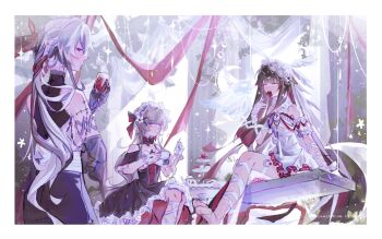 Rule 34 | 3girls, alternate costume, arlecchino (genshin impact), bare shoulders, barefoot, black collar, black eyes, black hair, black hands, black sleeves, black streaks, blue eyes, breasts, brown hair, cake, cake slice, celestlne, closed eyes, closed mouth, coat, collar, colored extremities, columbina (genshin impact), commentary, cup, detached collar, detached sleeves, dress, drinking glass, eating, english commentary, eye mask, fingerless gloves, fingernail gloves, food, fork, gem, genshin impact, gloves, grey hair, hair between eyes, hair ornament, head wings, headdress, highres, long hair, looking at viewer, luonnotar (genshin impact), mask, multicolored hair, multiple girls, multiple wings, pastry, purple hair, purple streaks, red gem, red pupils, ribbon, sandrone (genshin impact), see-through clothes, see-through mask, short hair with long locks, sitting, smile, spoon, streaked hair, symbol-shaped pupils, teacup, teapot, two-tone hair, very long hair, white coat, white dress, white gloves, white hair, white headdress, white mask, white wings, wine glass, wing hair ornament, wings, wrist bow, x-shaped eyewear, x-shaped pupils