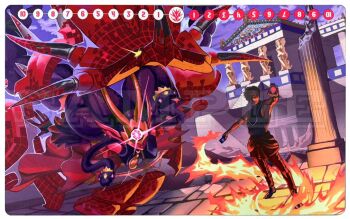 armor brown_hair crown damaged digi-panda digimon digimon_(creature) digimon_card_game digimon_liberator gameplay_mechanics looking_at_viewer mask medusamon owen_dreadnought playmat short_hair snake snake_hair styracomon wireframe