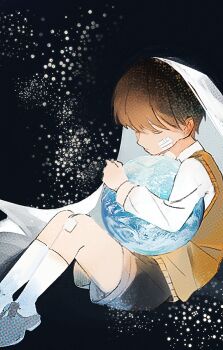 1boy bandage_on_face bandage_on_knee bandages black_hair black_shorts blanket closed_eyes curled_up earth_(planet) foot_out_of_frame full_body hugging_object kim_dokja knees_up male_focus oldest_dream omniscient_reader&#039;s_viewpoint planet shirt short_hair shorts sky socks solo space star_(sky) starry_sky tooruruuu under_covers vest white_shirt white_socks yellow_vest
