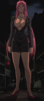 1girl absurdres anime_screenshot areola_slip bare_legs breasts business_suit city cleavage dark-skinned_female dark_skin female_focus formal_clothes high_heels highres ingrid_(taimanin_asagi) jacket large_breasts miniskirt night nipples no_bra office_lady official_art pencil_skirt pink_hair skirt solo stitched suit taimanin_(series) taimanin_murasaki third-party_edit