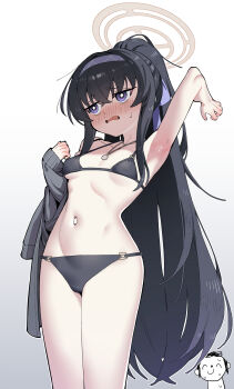 1boy 1girl 9nojo absurdres arm_up armpits doodle_sensei_(blue_archive) bags_under_eyes bikini black_bikini black_hair blue_archive blush breasts cardigan grey_cardigan grey_jacket hairband halo highres jacket jewelry long_hair navel necklace nervous_sweating nose_blush o-ring o-ring_bikini o-ring_top official_alternate_costume open_mouth ponytail sensei_(blue_archive) simple_background small_breasts solo sweat swimsuit ui_(blue_archive) ui_(swimsuit)_(blue_archive) very_long_hair yellow_halo