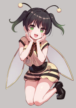 Rule 34 | 1girl, absurdres, antennae, bee costume, bee wings, black hair, black shoes, commentary request, cream (nipakupa), fake antennae, flower music live boooooom boooooom bee!!, gradient hair, green eyes, green hair, grey background, hands on own face, highres, insect wings, light blush, love live!, love live! nijigasaki high school idol club, multicolored hair, open mouth, shirt, shoes, skirt, smile, solo, takasaki yu, thighs, twintails, wings, yellow shirt, yellow skirt