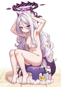 1girl ahoge armpits barefoot blue_archive breasts commentary_request completely_nude demon_girl demon_horns demon_wings hair_censor halo hina_(blue_archive) horns long_hair looking_at_viewer milkshakework navel nude purple_eyes purple_halo rubber_duck sitting small_breasts soap_bottle soap_bubbles solo stomach toes very_long_hair white_hair wings