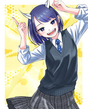 1girl aoki_ruri black_sweater_vest blue_eyes blue_hair blue_necktie border collared_shirt dragon_horns fangs grey_skirt guppi_(artist) hands_up highres horns index_fingers_raised long_sleeves looking_at_viewer medium_hair necktie plaid_clothes plaid_skirt pleated_skirt polka_dot_necktie ruridragon school_uniform shirt skirt slit_pupils solo sweater_vest swept_bangs upper_body white_border white_shirt yellow_background