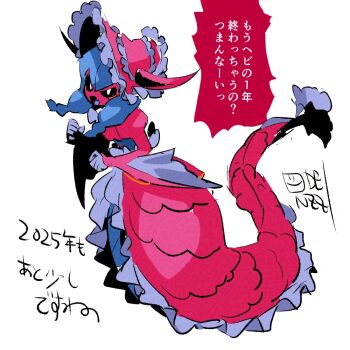 black_sclera blue_hair colored_sclera digimon digimon_(creature) hat horns lamia lamiamon long_hair monster_girl odenzzi ribbon translation_request yellow_eyes