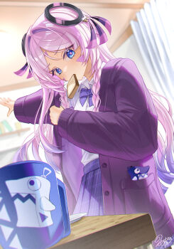 Rule 34 | 1girl, bag, blue eyes, blush, bow, braid, bread, bread slice, citlali (genshin impact), citlali (parallels meet school) (genshin impact), collared shirt, commentary request, food, food in mouth, genshin impact, gradient hair, hair between eyes, hair intakes, highres, indoors, jacket, long hair, long sleeves, looking at viewer, morocha1130, mouth hold, multicolored hair, pink hair, plaid clothes, plaid skirt, plate, purple bow, purple hair, purple jacket, ring hair ornament, school bag, school uniform, shirt, skirt, solo, toast, toast in mouth, twin braids, very long hair, white shirt