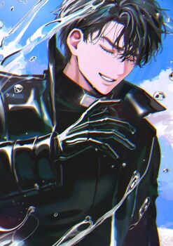 1boy black_coat black_gloves black_hair black_shirt blue_sky closed_eyes cloud coat daenarys day eyelashes glint gloves hand_up high_collar jacket long_sleeves male_focus omniscient_reader&#039;s_viewpoint outdoors shirt short_hair sky smile solo splashing teeth turtleneck upper_body water water_drop yoo_joonghyuk
