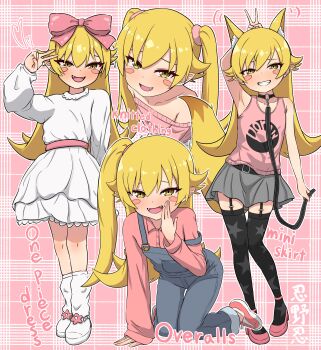 Rule 34 | 1girl, absurdres, animal ears, arm support, arm up, belt, black belt, black collar, black thighhighs, blonde hair, blue overalls, blush, blush stickers, boots, bow, cat ears, collar, collarbone, commentary request, dress, english text, fangs, full body, garter straps, grey skirt, grin, hair bow, hair flaps, hand to own mouth, hand up, highres, holding, holding leash, kneeling, leash, long hair, long sleeves, looking at viewer, monogatari (series), multiple views, off-shoulder sweater, off shoulder, open mouth, oshino shinobu, overalls, pink background, pink belt, pink bow, pink shirt, pink shoes, pink sweater, pointy ears, shirt, shoes, side ponytail, skirt, smile, smug, standing, strap slip, sweater, thighhighs, twintails, v, v over head, white boots, white dress, yellow eyes, yoshikirino