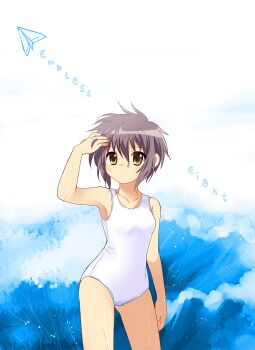Rule 34 | 1girl, brown eyes, cameltoe, endless eight, female focus, grey hair, mochizuki yomogi, nagato yuki, one-piece swimsuit, paper airplane, purple hair, solo, suzumiya haruhi no yuuutsu, swimsuit, wet, white one-piece swimsuit