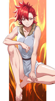 1girl 2023 bare_shoulders barefoot bleach bleach:_sennen_kessen-hen breasts collarbone daraz female_focus fur_trim hiuchigashima_mera looking_at_viewer one_eye_closed red_hair shiny_skin short_hair simple_background sitting small_breasts teeth