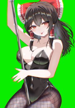 1girl :p absurdres black_leotard bow breasts brown_hair cleavage fishnet_pantyhose fishnets green_background hair_bow hair_tubes hakurei_reimu highres kiui_(dagk8254) leotard long_hair looking_at_viewer medium_breasts pantyhose pole pole_dancing red_bow red_eyes simple_background smile solo strapless strapless_leotard stripper_pole tongue tongue_out touhou