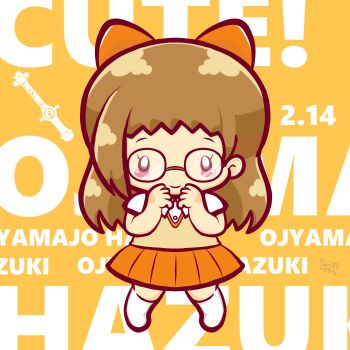1girl absurdres blush blush_stickers bow brown_eyes brown_hair brown_sweater_vest chibi dated february flute fujiwara_hazuki glasses hair_bow highres instrument long_hair looking_at_viewer misukomu_plus ojamajo_doremi orange_background orange_bow orange_skirt school_uniform shirt short_sleeves skirt smile socks standing sweater_vest white_shirt white_socks