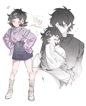 1boy 1girl age_difference andrew_graves ashley_graves black_hair black_sweater blush brother_and_sister covering_own_mouth crying english_text green_eyes hair_ornament hairclip half-closed_eyes hand_on_own_hip highres loli one_eye_closed pink_eyes pink_sweater siblings sitting sitting_on_person sweater the_coffin_of_andy_and_leyley white_background