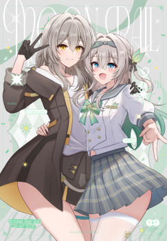 2girls absurdres black_gloves black_jacket blush bow bowtie closed_mouth commentary_request firefly_(honkai:_star_rail) firefly_(spring_missive)_(honkai:_star_rail) gloves green_bow green_bowtie grey_hair grey_skirt hair_between_eyes highres honkai:_star_rail honkai_(series) jacket long_hair long_sleeves multicolored_eyes multiple_girls open_mouth shirt skirt smile stelle_(honkai:_star_rail) thighhighs trailblazer_(honkai:_star_rail) two-tone_eyes v white_shirt white_thighhighs yellow_eyes yukiunag1