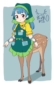 Rule 34 | ..., 2girls, antlers, apron, arm ribbon, blue background, blue hair, blue ribbon, blush, border, caliper, centauroid, chibi, chibi inset, commentary request, deer, full body, green apron, green headscarf, haniyasushin keiki, headscarf, highres, horns, itatatata, jewelry, kicchou yachie, light frown, long hair, magatama, magatama necklace, multiple girls, necklace, pocket, red eyes, ribbon, shirt, short sleeves, spoken ellipsis, taur, tools, touhou, white border, yellow shirt