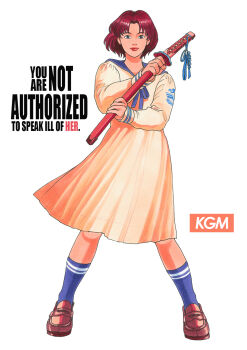 1girl bbkryrnos blue_hair blue_sailor_collar blue_socks dress emblem english_text floating_hair full_body highres holding holding_sword holding_weapon katana kneehighs light_smile lips loafers long_sleeves original parted_bangs purple_hair sailor_collar sailor_dress school_uniform serafuku sheath sheathed shoes short_hair socks solo sword weapon wind