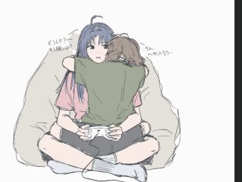 2girls ahoge awa_subaru black_hair black_shorts borrowed_clothes brown_hair commentary controller ebizuka_tomo game_controller girls_band_cry green_shirt hashtag-only_commentary holding holding_controller holding_game_controller hug long_hair mebkongseolgi multiple_girls no_shoes open_mouth pink_shirt shikai_no_sumi_kuchiru_oto shirt short_hair shorts sitting socks translation_request white_socks yuri