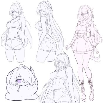 2girls abs absurdres acheron_(honkai:_star_rail) alternate_costume bare_shoulders bespectacled blue_eyes breasts chibi chibi_inset choker cleavage closed_mouth commentary crop_top elysia_(honkai_impact) english_commentary glasses hair_ornament hair_over_one_eye highres honkai:_star_rail honkai_(series) honkai_impact_3rd in-franchise_crossover jacket long_hair looking_at_viewer medium_breasts multiple_girls navel pointy_ears purple_hair samlatte shorts sidelocks skirt smile stomach thighs toned toned_female