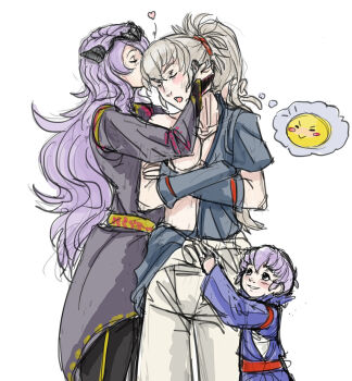Rule 34 | 1girl, 2boys, alternate costume, camilla (fire emblem), chignon, closed eyes, emoji, father and son, fire emblem, fire emblem fates, grey hair, hand on another's head, heart, husband and wife, kiragi (fire emblem), kiss, kissing cheek, long hair, mother and son, multiple boys, nintendo, older female and younger male, purple hair, simple background, speech bubble, tactful-kind-daedra, takumi, thought bubble, tiara, wavy hair