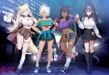4girls :d animal_ear_fluff animal_ears annotated aqua_eyes aqua_hair ardora_(spartosmindset) arm_tattoo arm_warmers au_ra bare_shoulders bikini bikini_top_only black-framed_eyewear black_boots black_choker black_hair black_skirt black_tail blonde_hair blue_hair blue_scales blue_tail blunt_bangs boots breasts building cars_(movie) cat_ears cat_girl cat_tail cellphone choker city closed_mouth clothes_around_waist commentary commission crescent crescent_necklace crocs crop_top cropped_shirt cuffs cup cybil_(steppelizard) dark-skinned_female dark_skin denim denim_shorts double-parted_bangs dragon_girl dragon_horns dragon_tail drinking_straw ear_ornament ema_(shipsinfloat) facial_mark final_fantasy final_fantasy_xiv fox_ears fox_girl fox_tail frappuccino front-tie_bikini_top front-tie_top full_body glasses gold_thighlet gradient_hair green_eyes grin gyaru hair_ornament hair_over_one_eye hairclip hairpin hand_up hands_on_own_hips highres holding holding_cup holding_phone horns jewelry large_breasts lightning_mcqueen lineup lion_ears lion_girl lion_tail long_hair loose_socks metal_wrist_cuffs midriff miniskirt miqo&#039;te mstm multicolored_hair multiple_girls necklace night o-ring off-shoulder_sweater off_shoulder one_eye_closed open_mouth original outdoors pastry_box pendant phone pleated_skirt ponytail purple_arm_warmers purple_eyes purple_shirt purple_streaks purple_tail qr_code ribbed_socks scrunchie shirt shoes short_hair short_shorts short_sleeves shorts silver_thighlet single_arm_warmer skirt smartphone smile sneakers socks standing standing_on_one_leg streaked_hair sweater sweater_around_waist sweater_tucked_in swimsuit tail tattoo thigh_strap thighlet tied_shirt torn_clothes torn_shorts tsurime underboob v vgen_commission vivian_grimelka_(siverstorm) w warrior_of_light_(ff14) whisker_markings white_hair white_shirt white_shoes white_socks wrist_scrunchie yellow_eyes yellow_tail